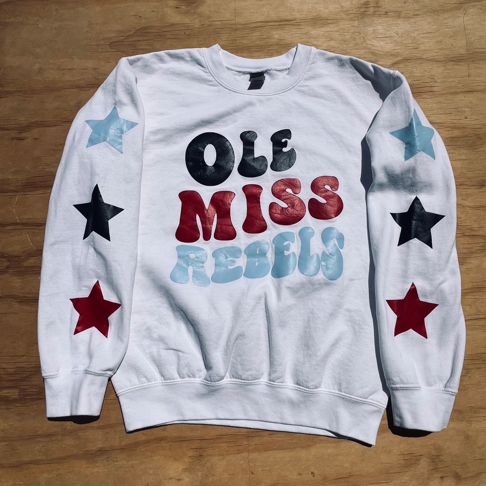 Gildan Ole Miss Rebels Sweatshirt White Small Stars Sleeve Crewneck Heavy Blend - Picture 8 of 8